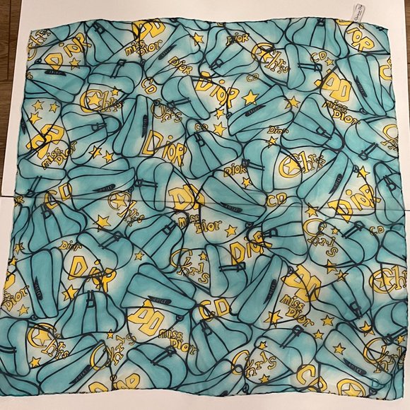 CHRISTIAN DIOR Vintage Silk Teal and Yellow Scarf - 25 x 25 " - Picture 4 of 6